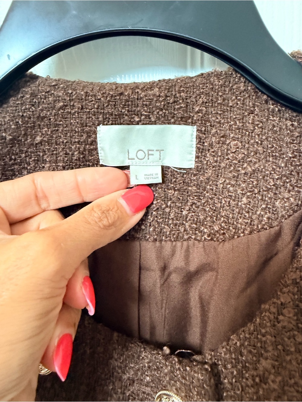 NWOT Ann Taylor LOFT Brown Textured Tweed Jacket Blazer Gold Buttons Size Large - Picture 3 of 5